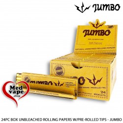 24PC DISPLAY BOX UNBLEACHED ROLLING PAPERS W/PRE-ROLLED TIPS - JUMBO WEED LEGAL THC MARIJUANA