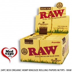 24PC DISPLAY BOX ORGANIC HEMP CONNOISSEUR KINGSIZE ROLLING PAPERS W/TIPS - RAW weed thc MARIJUANA MEDVAPE