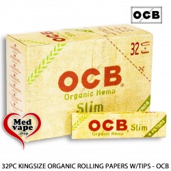 32PC DISPLAY BOX ORGANIC HEMP KINGSIZE ROLLING PAPERS W/TIPS - OCB WEED THC LEGAL MARIJUANA